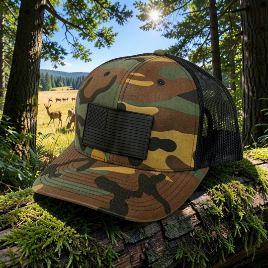 Crafted Merch camouflage trucker hat with a black monochromatic American flag patch, set on a mossy log in a forest.
