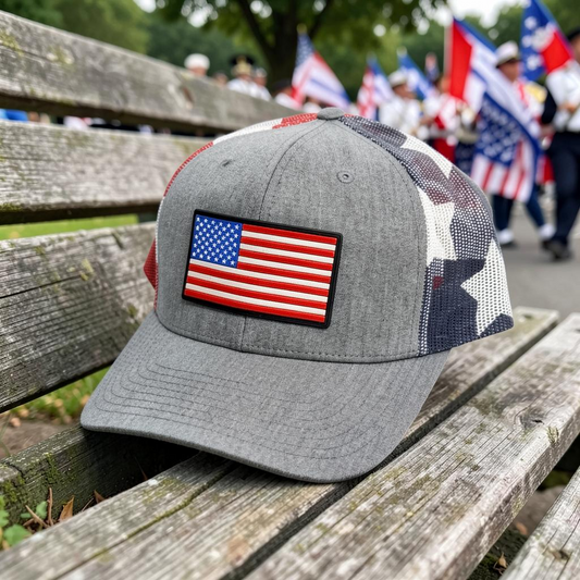 Crafted Merch grey trucker hat with a full-color American flag PVC patch and stars and stripes mesh back on a bench
