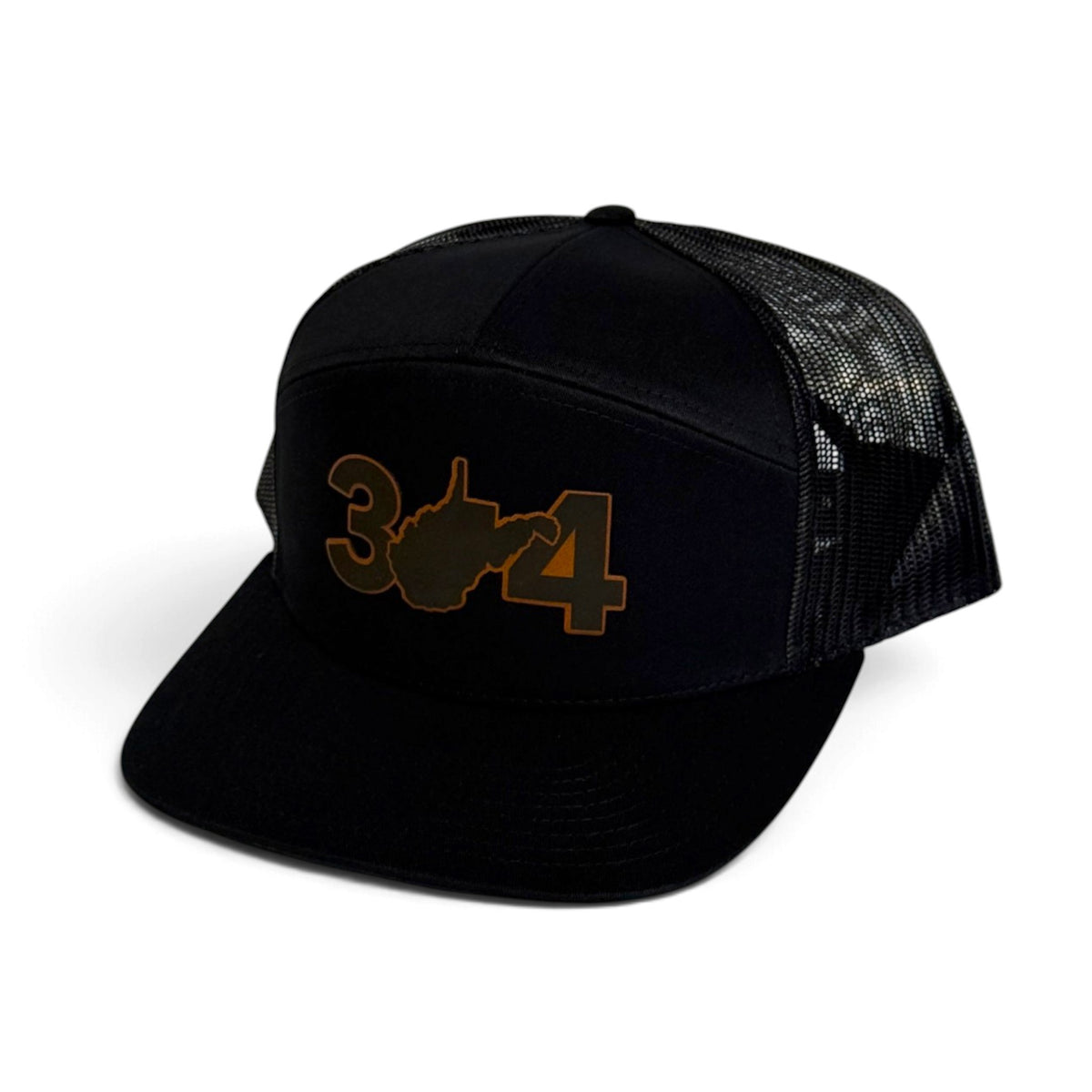 Crafted Merch black trucker hat featuring a 304 area code embroidery with a West Virginia state outline