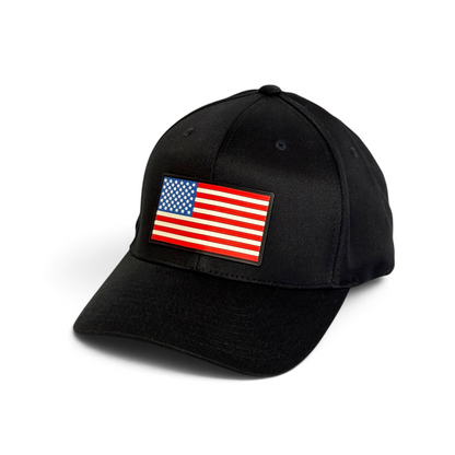 Crafted Merch black baseball cap featuring a rectangular American flag PVC patch on the front structured panel