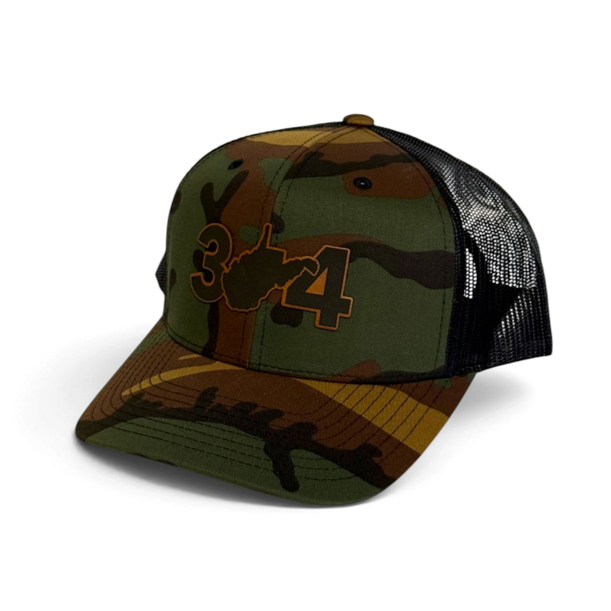 Crafted Merch camo trucker hat with black mesh back and embroidered 304 West Virginia area code graphic