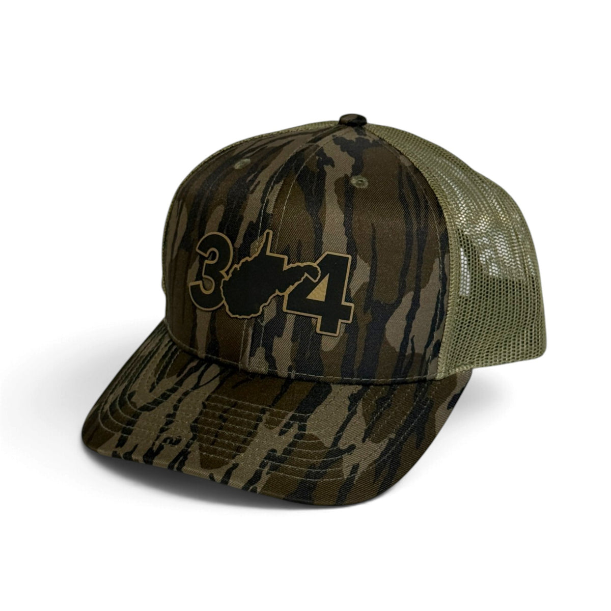 Crafted Merch camo trucker hat with 304 West Virginia area code embroidery and breathable olive mesh back