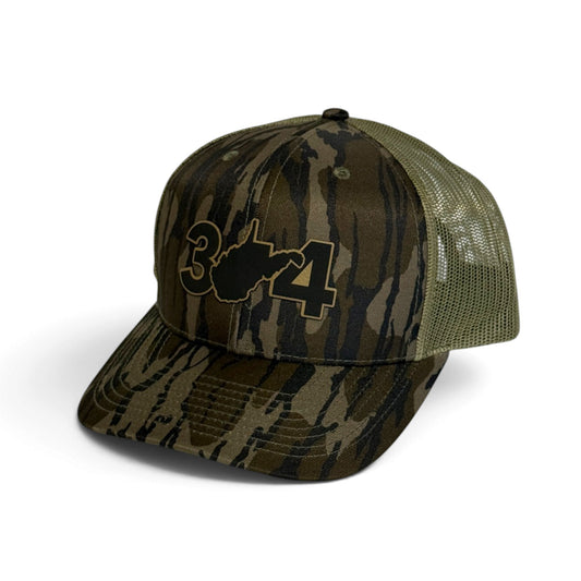 Crafted Merch camo trucker hat with 304 West Virginia area code embroidery and breathable olive mesh back