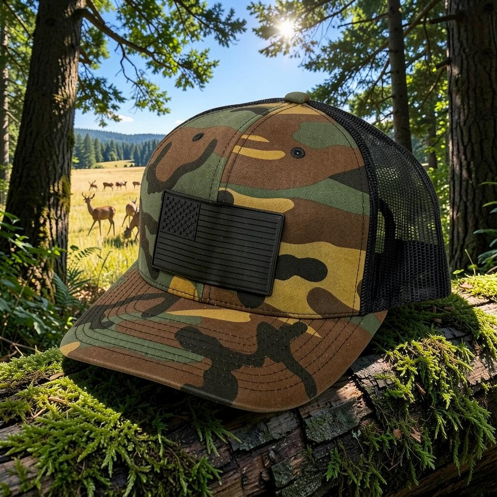 Crafted Merch camouflage trucker hat with a black monochromatic American flag patch, set on a mossy log in a forest.