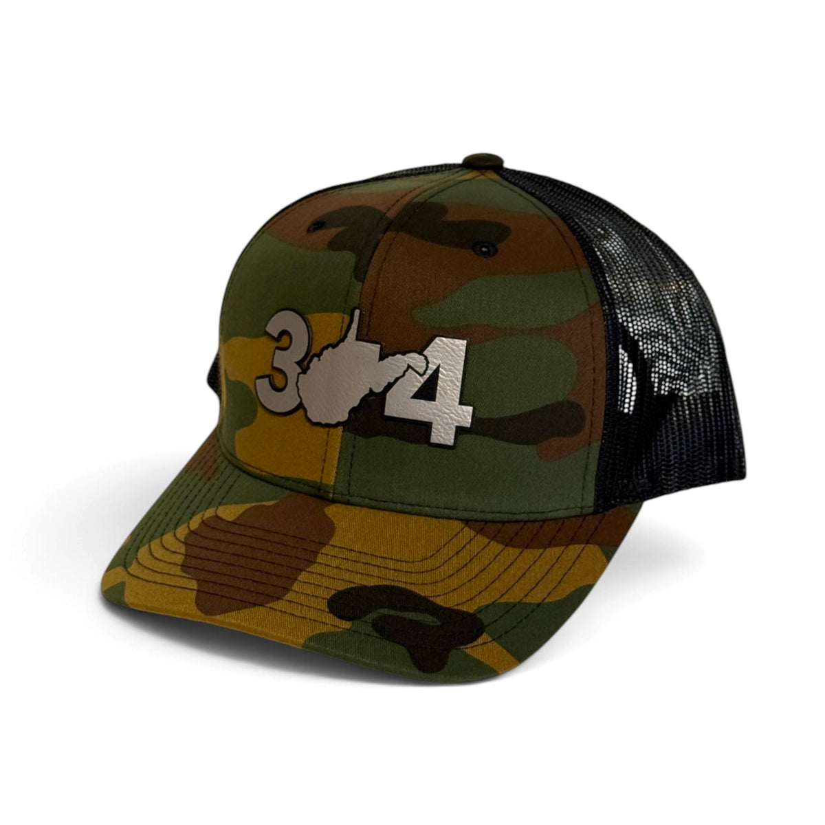 Crafted Merch camo trucker hat with black mesh back and embroidered 304 West Virginia state outline graphic