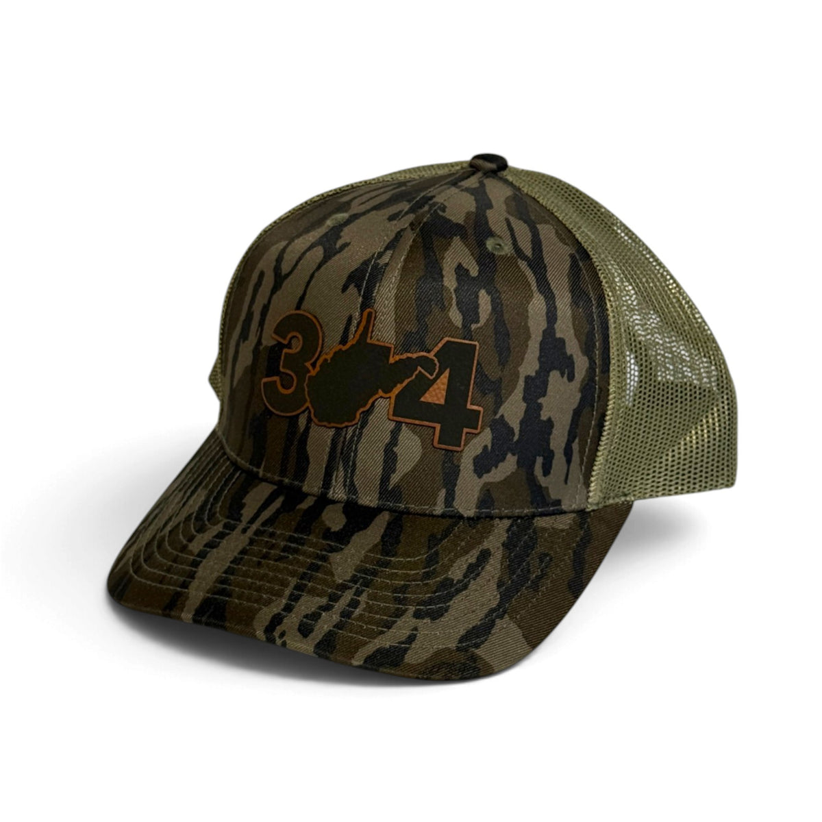 Crafted Merch camo trucker hat featuring a 304 West Virginia embroidered graphic with a breathable olive mesh back.