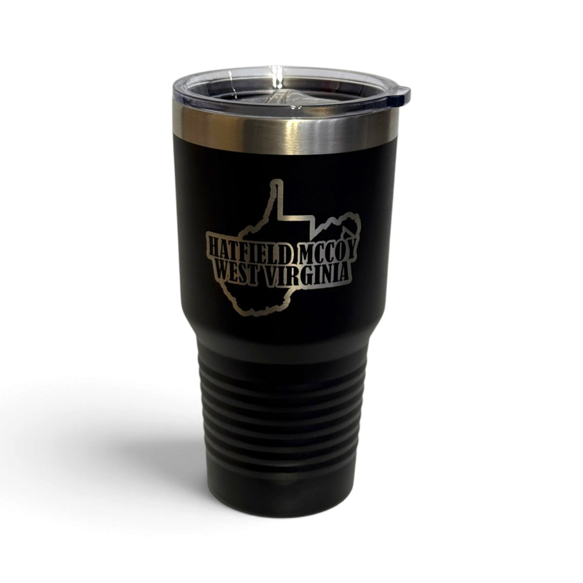 Crafted Merch matte black 30oz stainless steel tumbler with laser-engraved Hatfield McCoy West Virginia state design