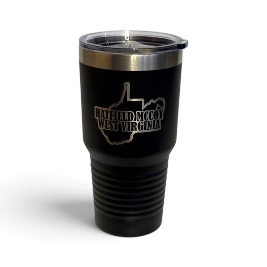 Crafted Merch matte black 30oz stainless steel tumbler with laser-engraved Hatfield McCoy West Virginia state design
