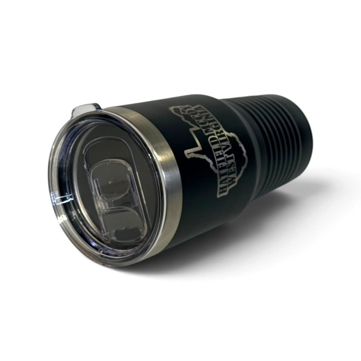 Crafted Merch matte black stainless steel tumbler with Hatfield-McCoy West Virginia laser-engraved design and lid.