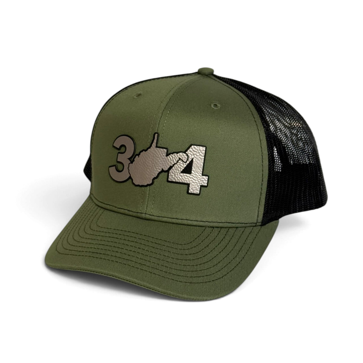 Crafted Merch olive green and black mesh trucker hat featuring an embroidered 304 West Virginia state outline logo.