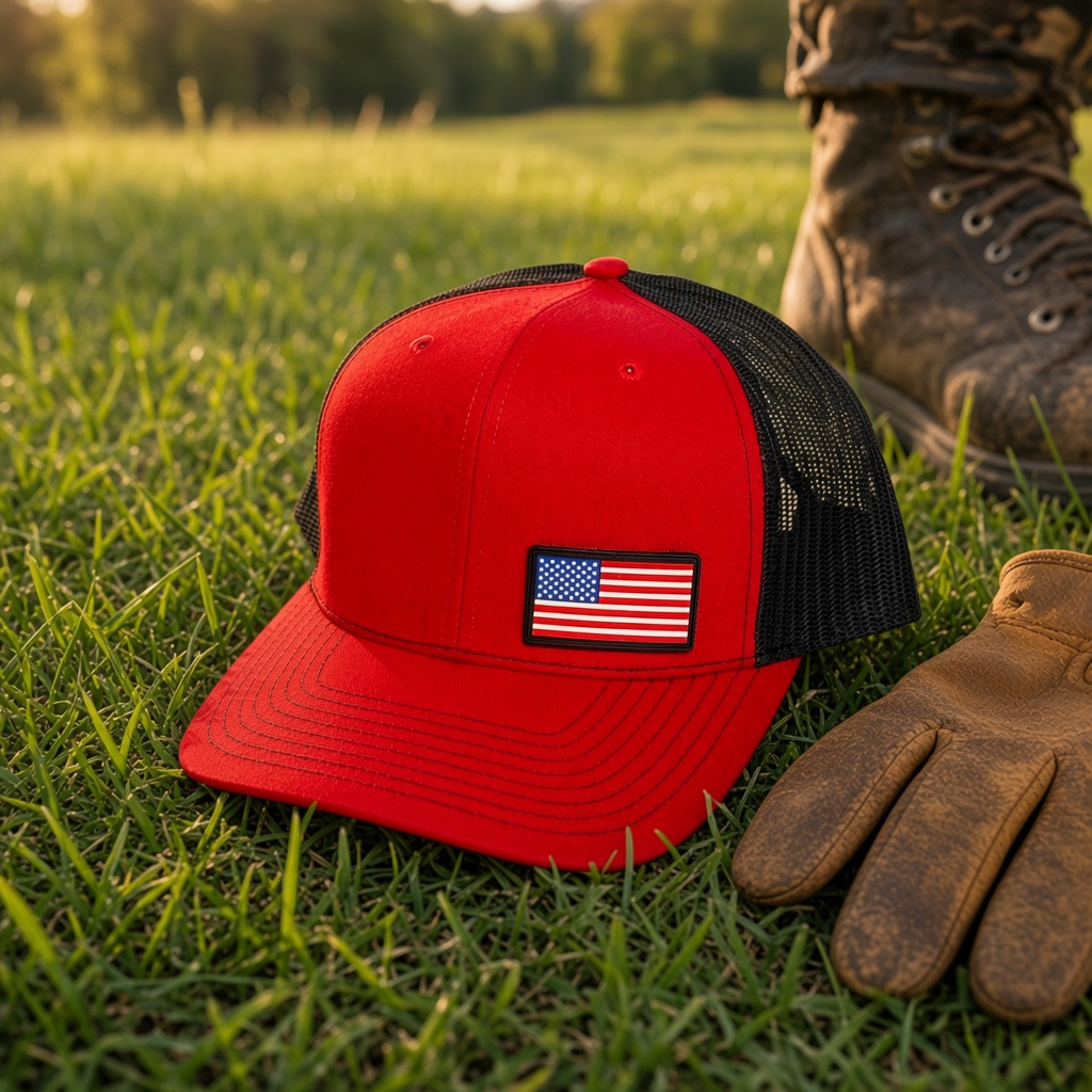 Crafted Merch red and black trucker hat with an American flag PVC patch, resting on grass near work gloves and boots.