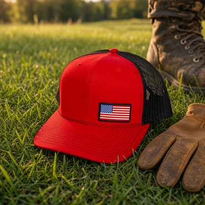 Crafted Merch red and black trucker hat with an American flag PVC patch, resting on grass near work gloves and boots.