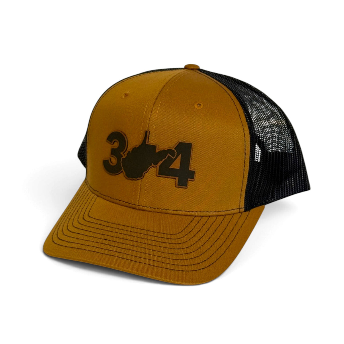 Crafted Merch West Virginia 304 area code trucker hat in mustard yellow with black mesh back and embroidered graphic