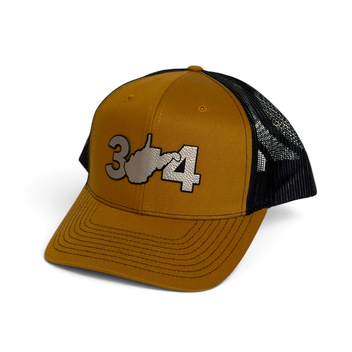 Crafted Merch brown and black trucker hat featuring an embroidered 304 area code with a West Virginia state outline.