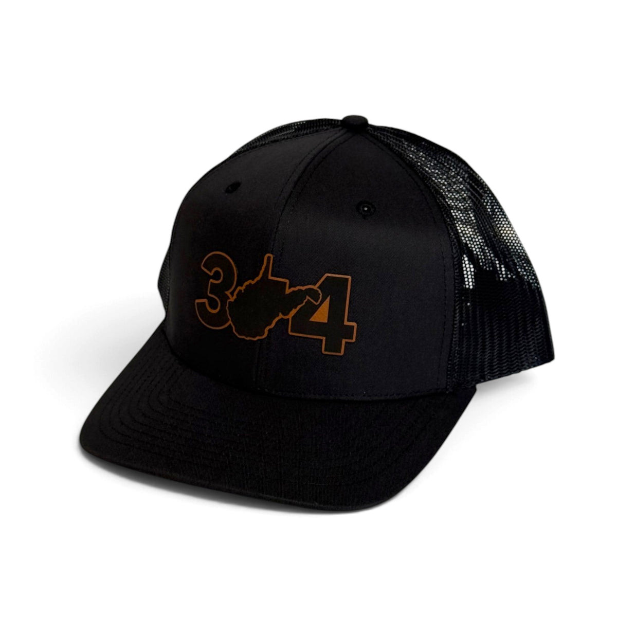 Crafted Merch black trucker hat with an embroidered 304 area code and West Virginia state outline graphic
