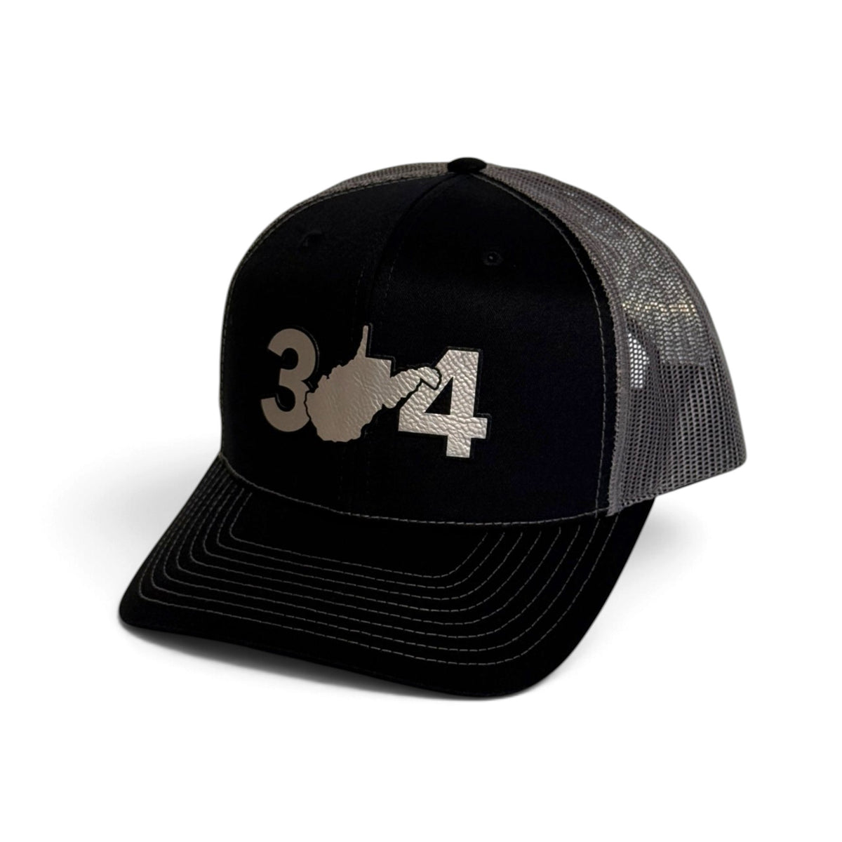 Crafted Merch black trucker hat with grey mesh back and white 304 area code embroidery featuring West Virginia outline