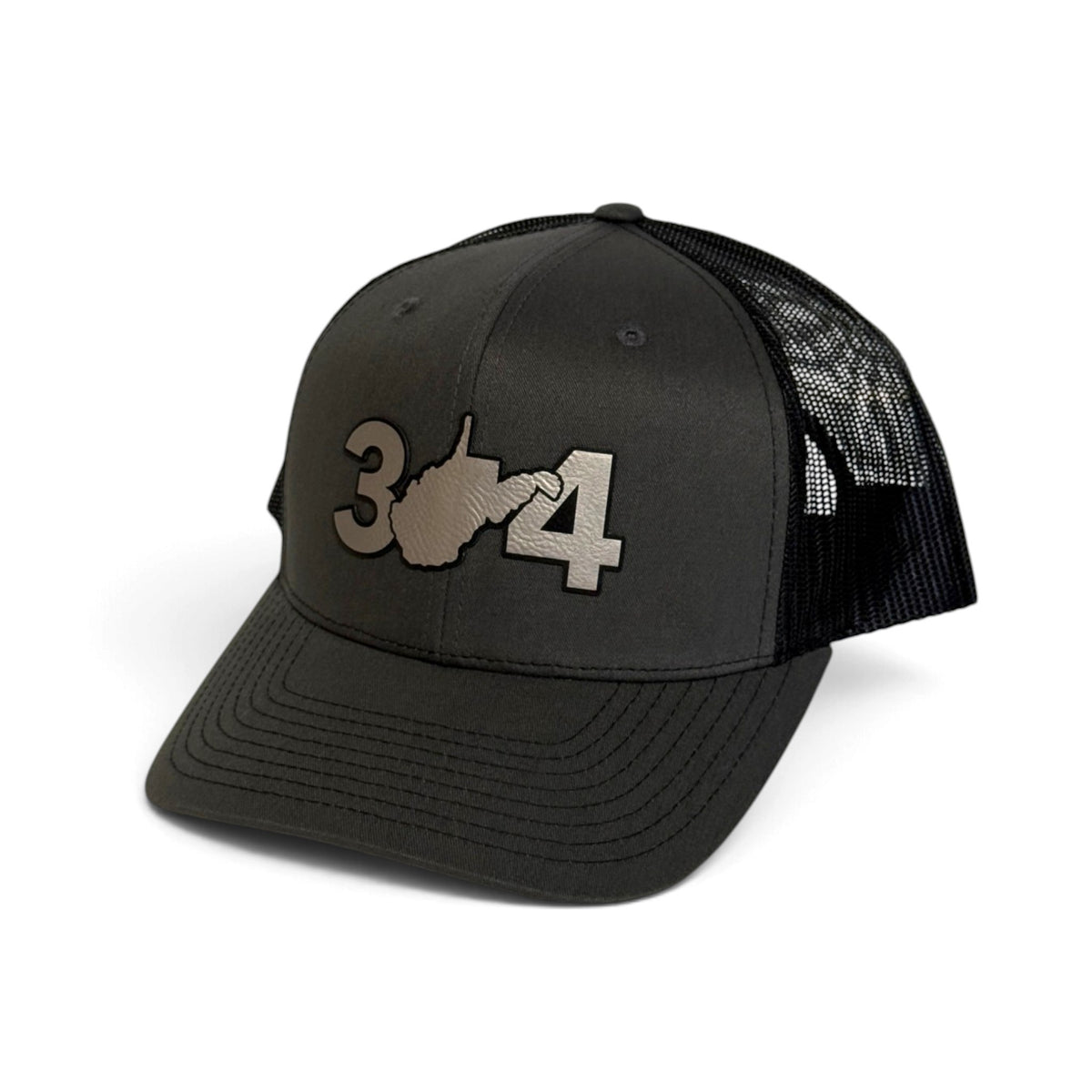 Crafted Merch black trucker hat with 304 area code and West Virginia state outline embroidery on the front
