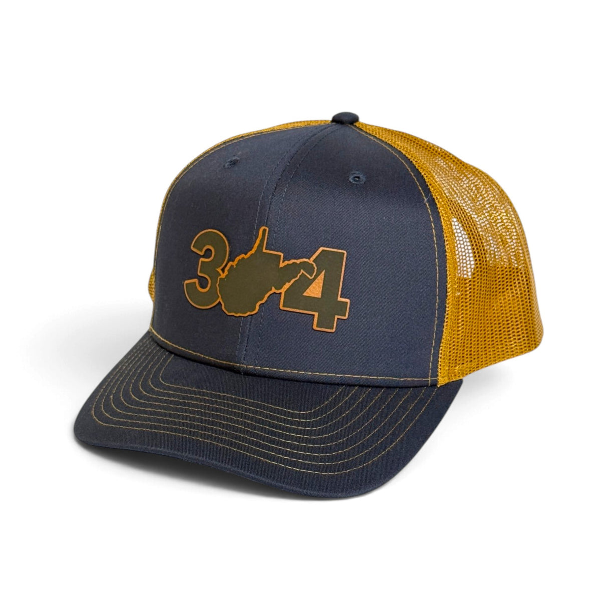 Crafted Merch navy and gold trucker hat featuring an embroidered 304 area code graphic with a West Virginia outline.