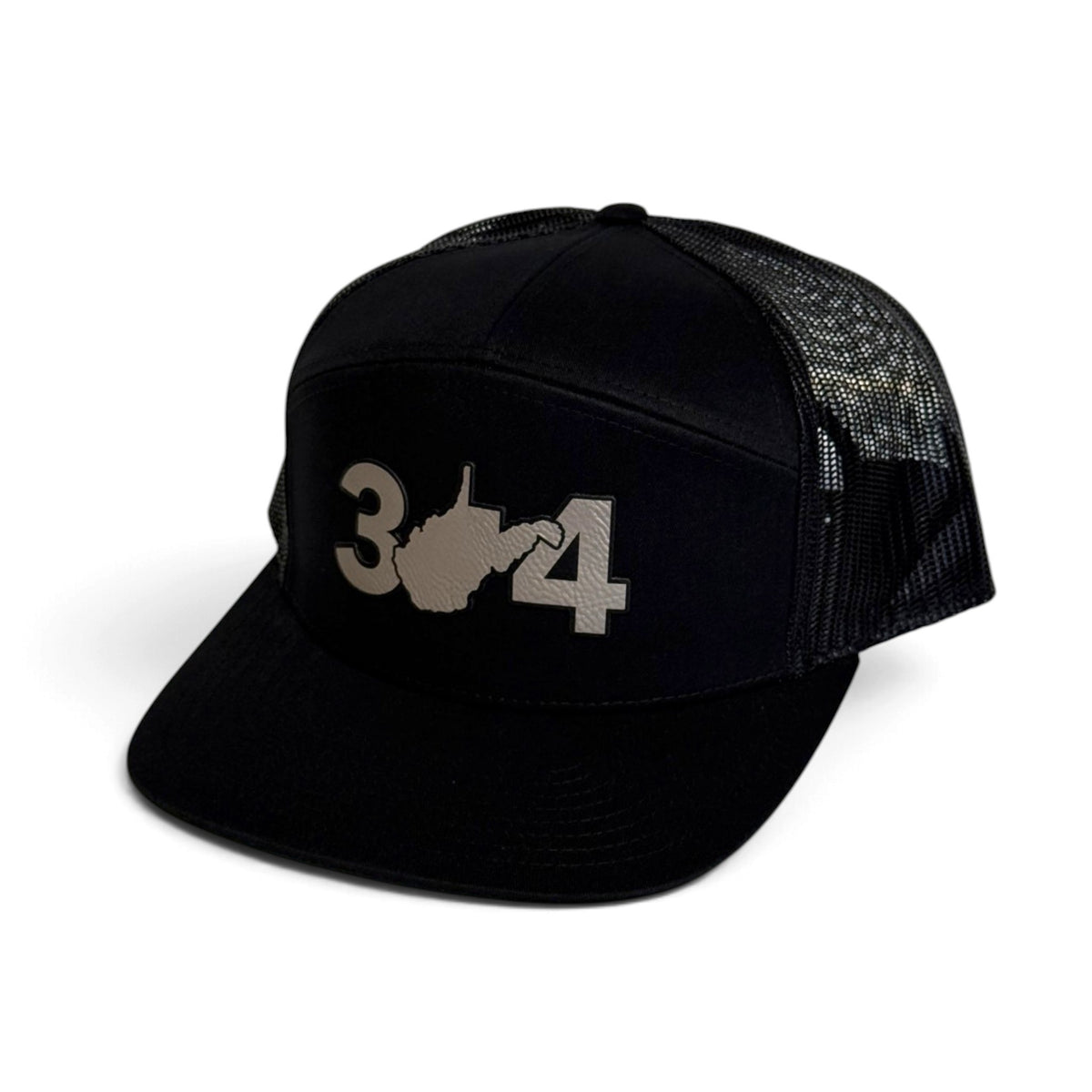 Crafted Merch black trucker hat with 304 area code and West Virginia state outline embroidery on the front