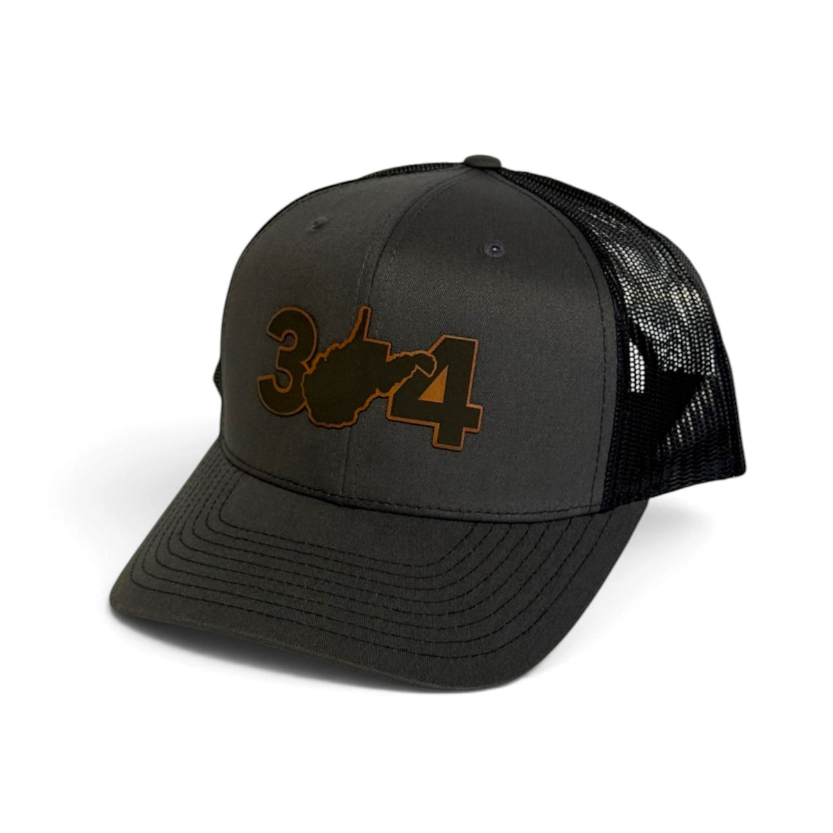 Crafted Merch West Virginia 304 area code trucker hat in black with a mesh back and embroidered state outline graphic.