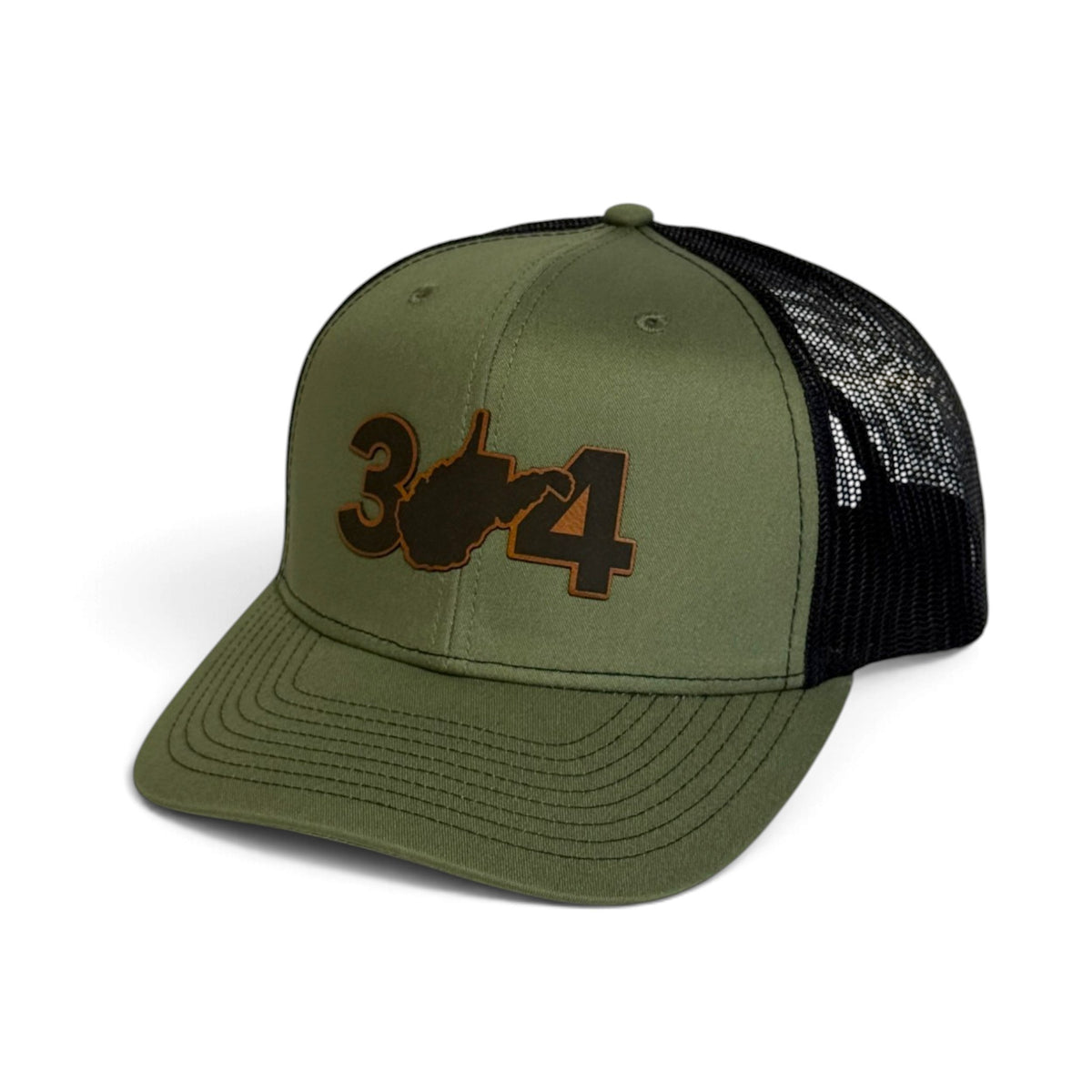 Crafted Merch olive green and black trucker hat featuring a 304 West Virginia area code embroidered patch