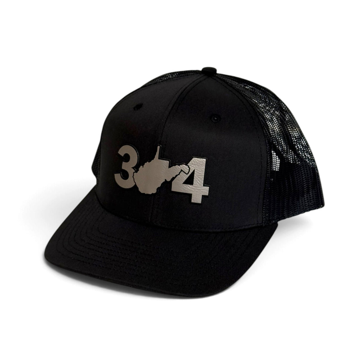 Crafted Merch black trucker hat with a 304 area code and West Virginia state outline embroidery on the front.