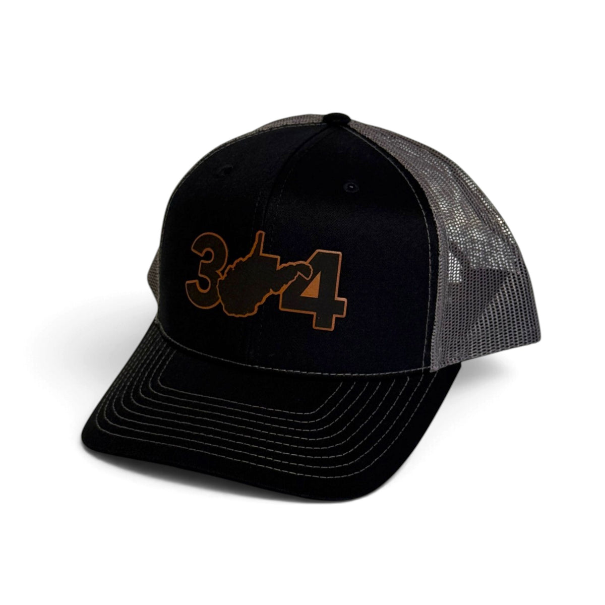 Crafted Merch black and grey trucker hat with an embroidered 304 West Virginia state outline graphic and snapback.